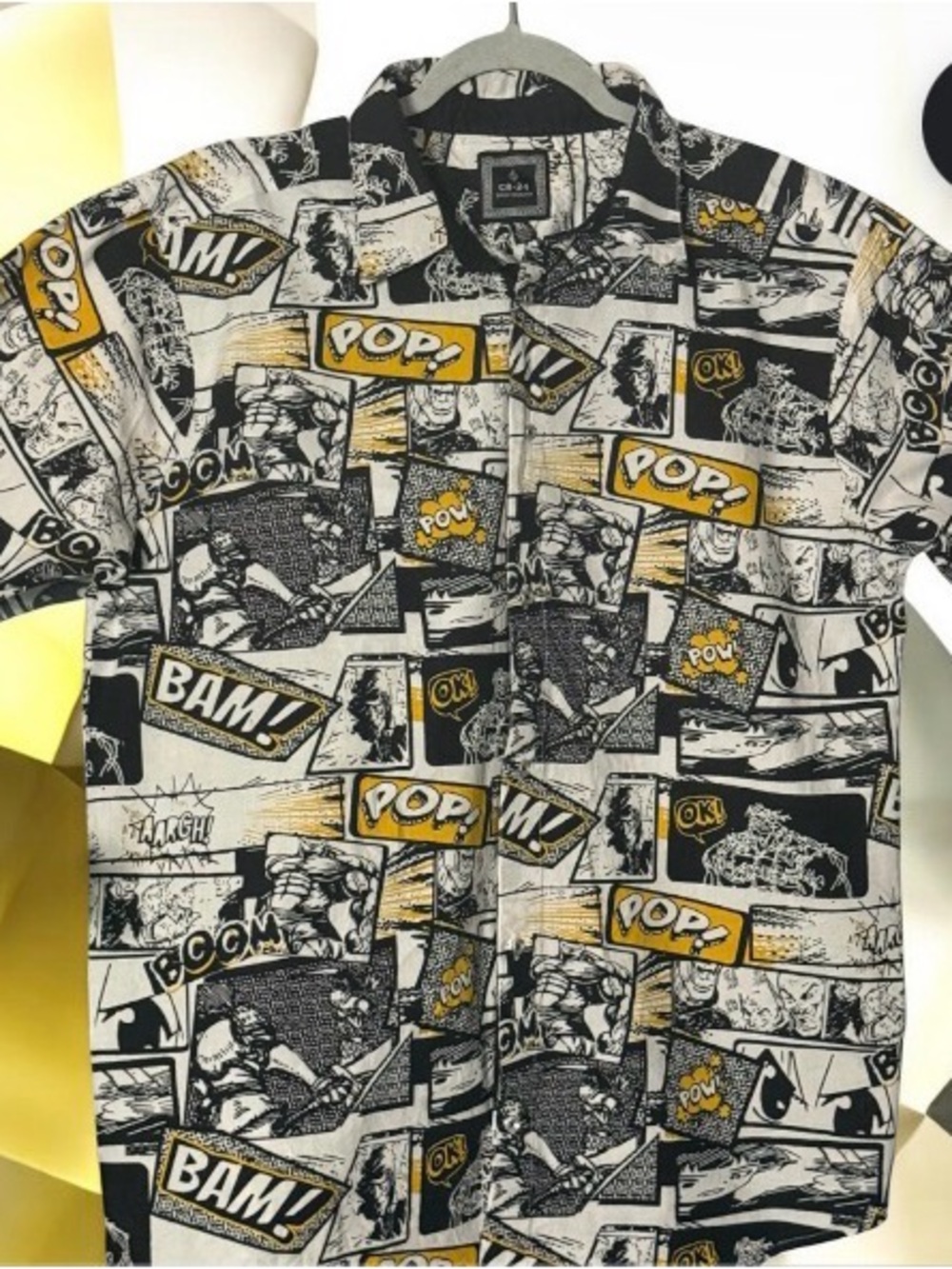 CR-24 Pop art Comic Print Short-Sleeve Shirt Black, White & Yellow casual SZ XL
